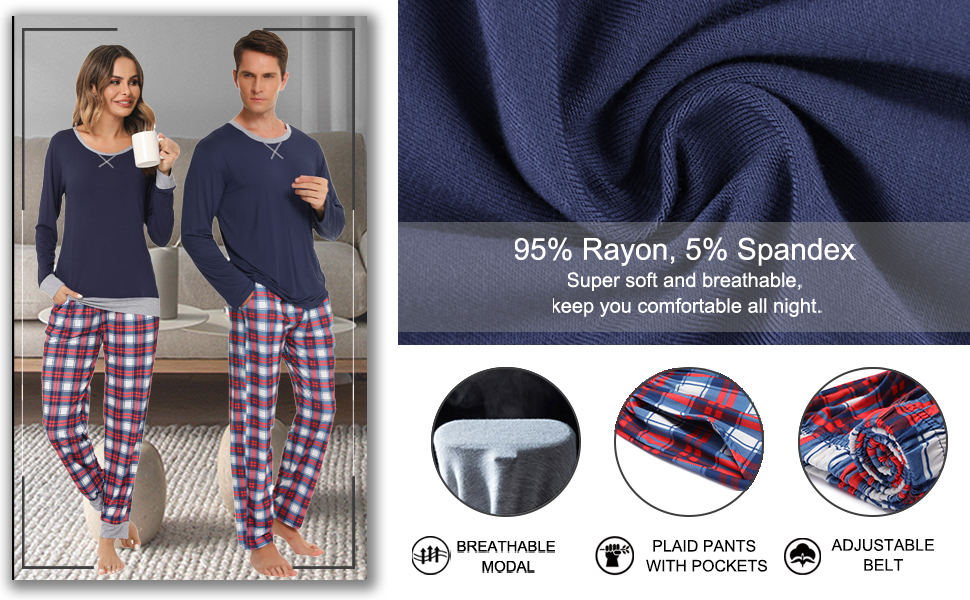 Pajamas Sets Long Sleeve with Plaid Pants Soft Sleepwear O Neck Pjs Loung Set with Pockets