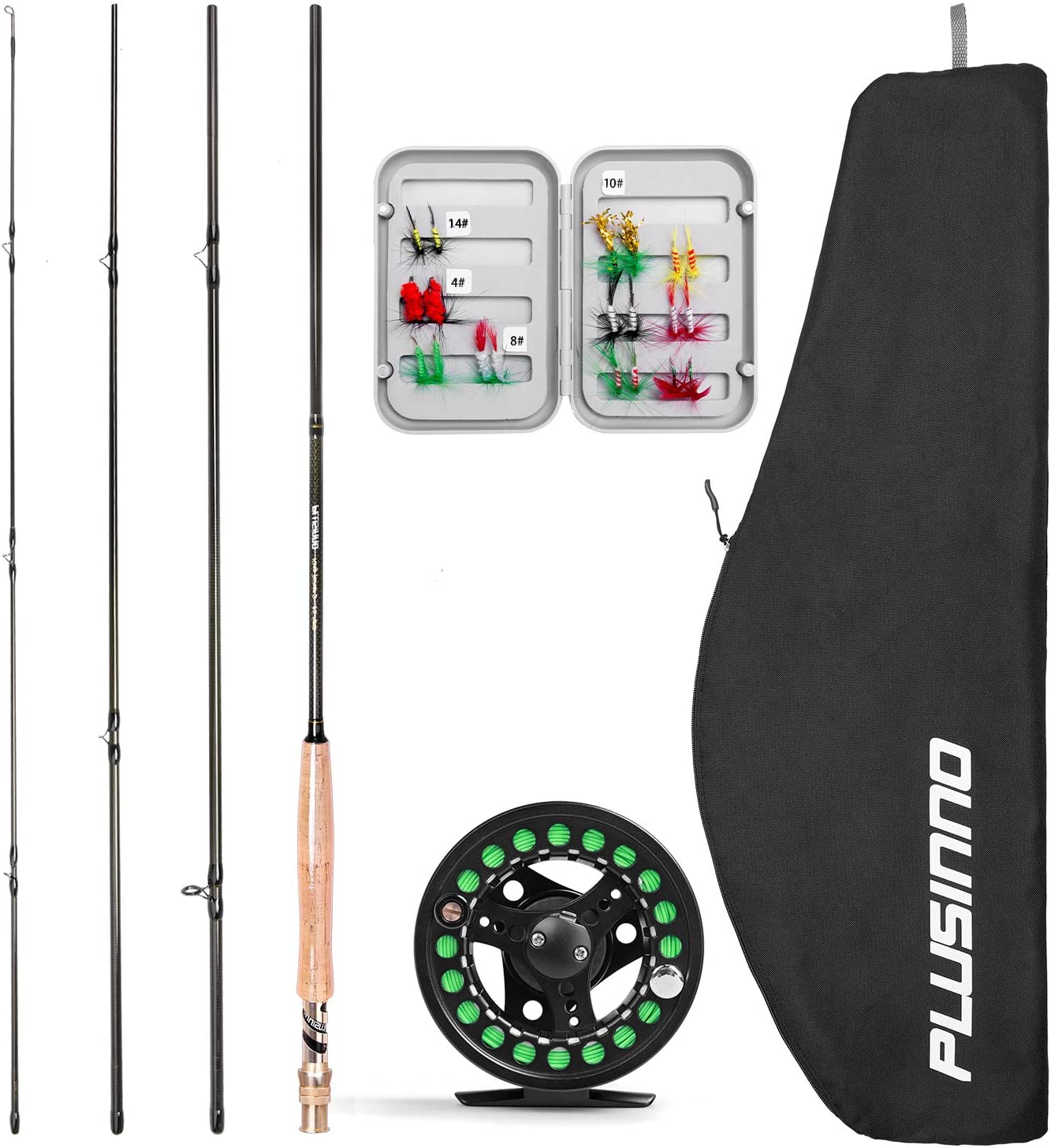 PLUSINNO Fly Fishing Rod and Reel Combo, 4 Piece Lightweight Ultra-Portable Graphite Fly Rod 5/6 Complete Starter Package with Carrier Bag