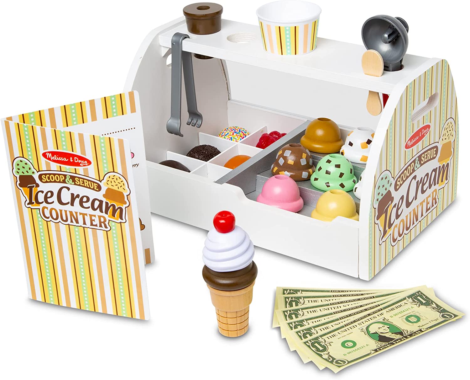 Melissa & Doug Wooden Scoop and Serve Ice Cream Counter (28 pcs) - Play Food and Accessories - Pretend Food Toys, Ice Cream Shop Toys For Kids Ages 3+