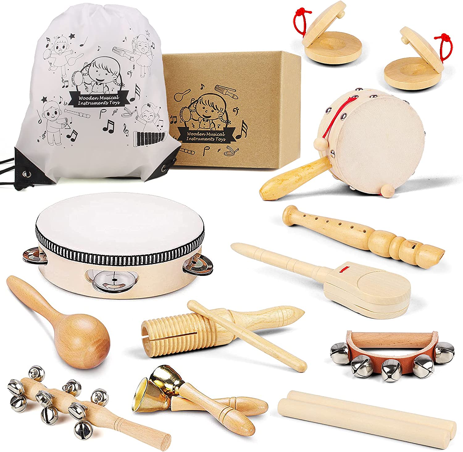 Chriffer Kids Musical Instruments Toys, Percussion Instruments Set with Storage Bag, Preschool Educational Music Toys for Boys Girls, Natural Eco-Friendly Wooden Music Set (11pcs)