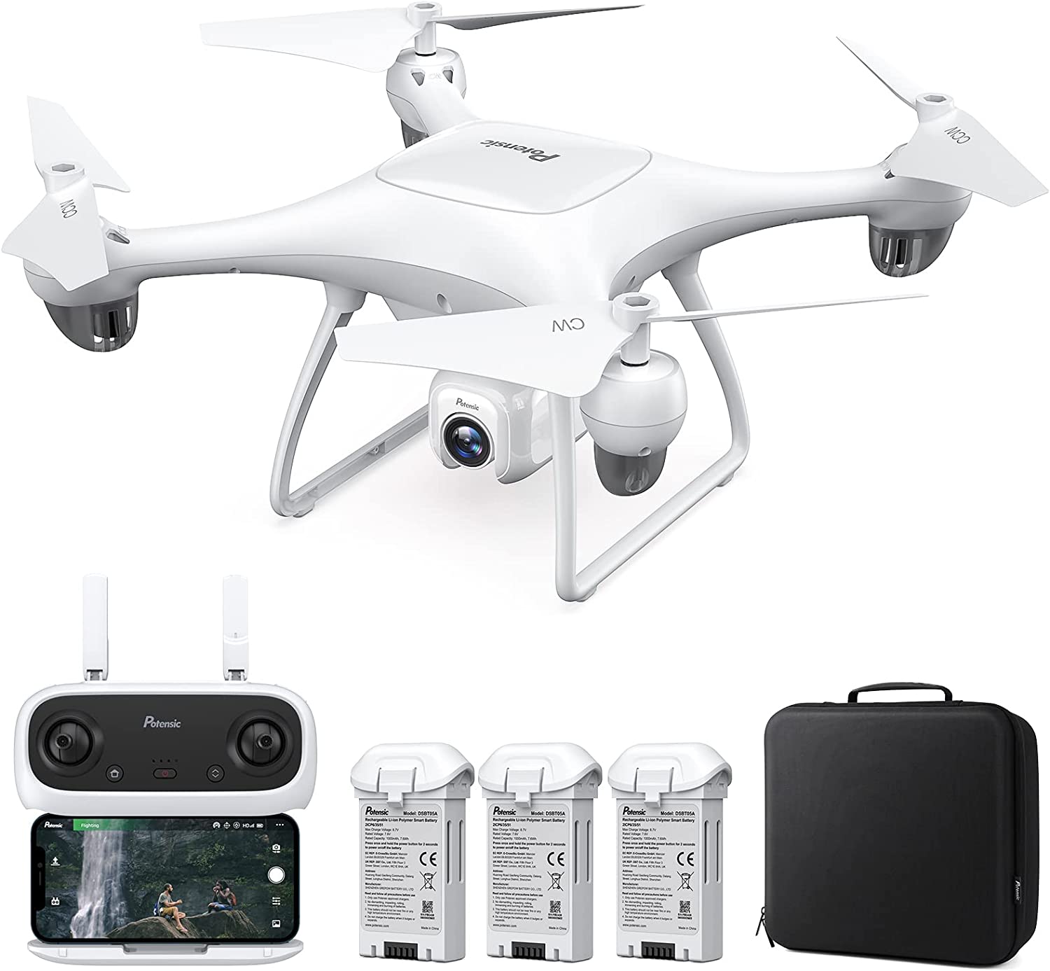 Potensic 4K Drone with Camera for Adults [Sony 12MP UHD Lens] GPS Stable Hovering for Beginners， 5G WiFi Transmission， FPV Aerial Photography， Less Than 250g， 3 Batteries， Backpack -Dreamer Mini White