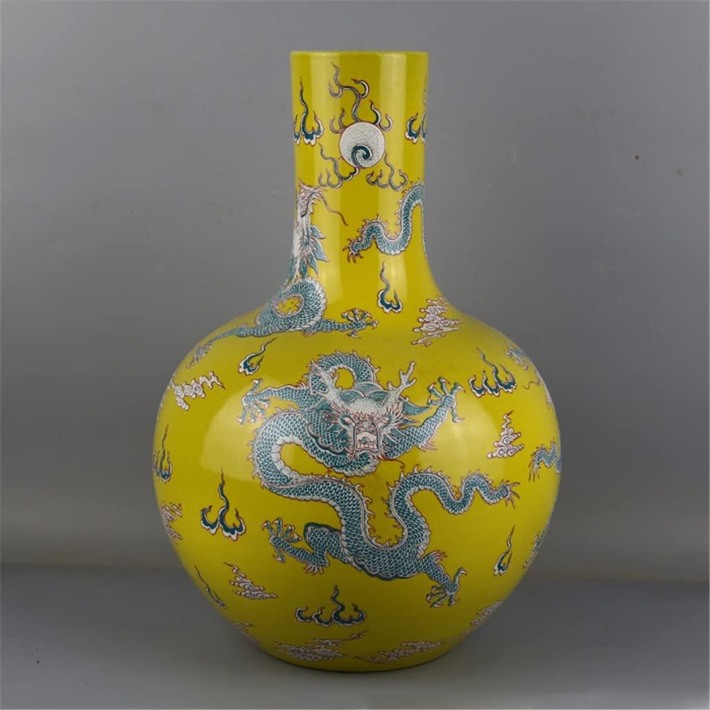 HOUKAI Antique Inscribed Yellow Dragon Vase Five Pastel Kiln Old Porcelain Ornaments Vase for Home Office Decoration