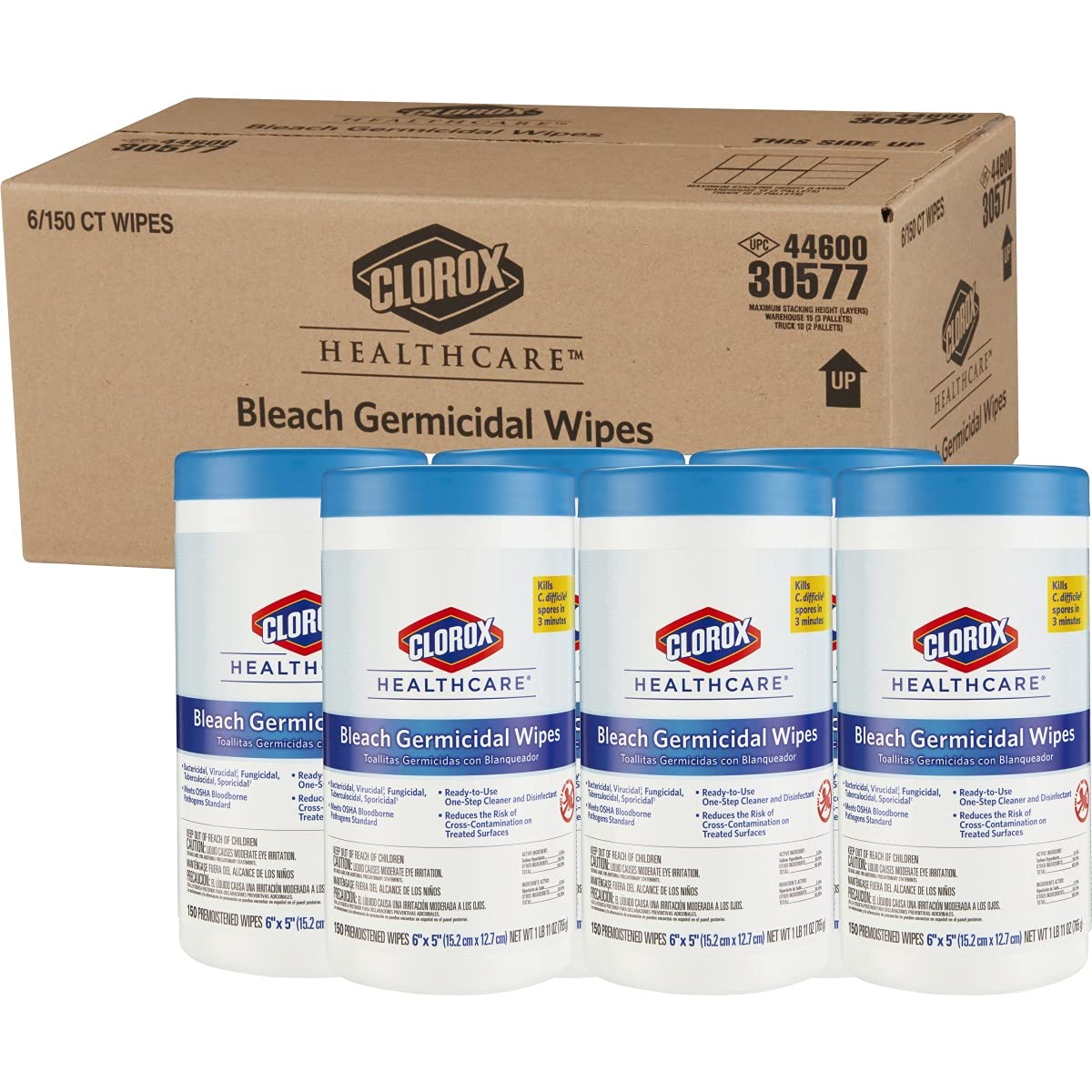 Clorox Healthcare Bleach Germicidal Wipes, 150 Count Canister, Pack of 6