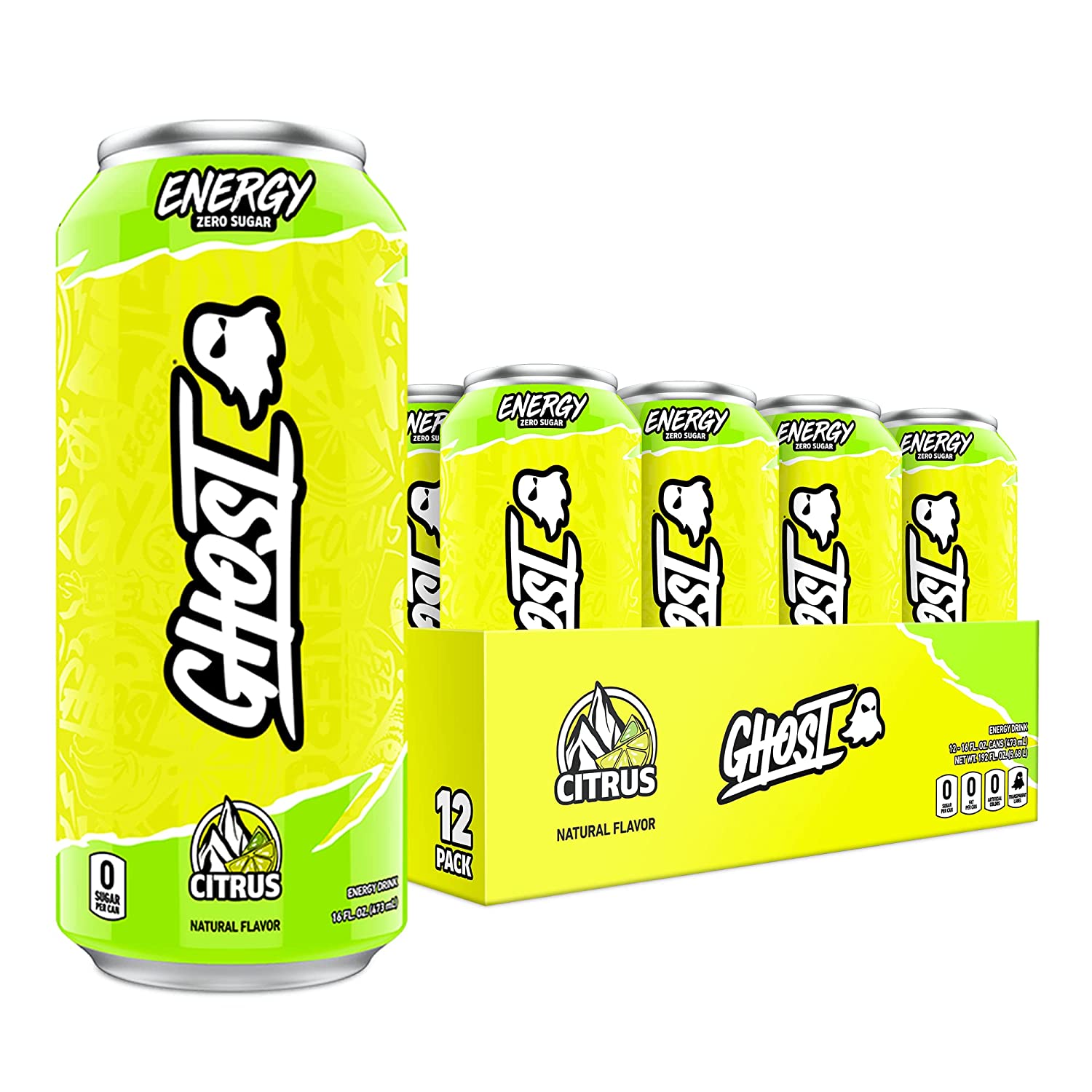 GHOST ENERGY Sugar-Free Energy Drink - 12-Pack， WARHEADS Sour Green Apple， 16oz - Energy &amp; Focus &amp; No Artificial Colors - 200mg of Natural Caffeine， L-Carnitine &amp; Taurine - Soy &amp; Glute