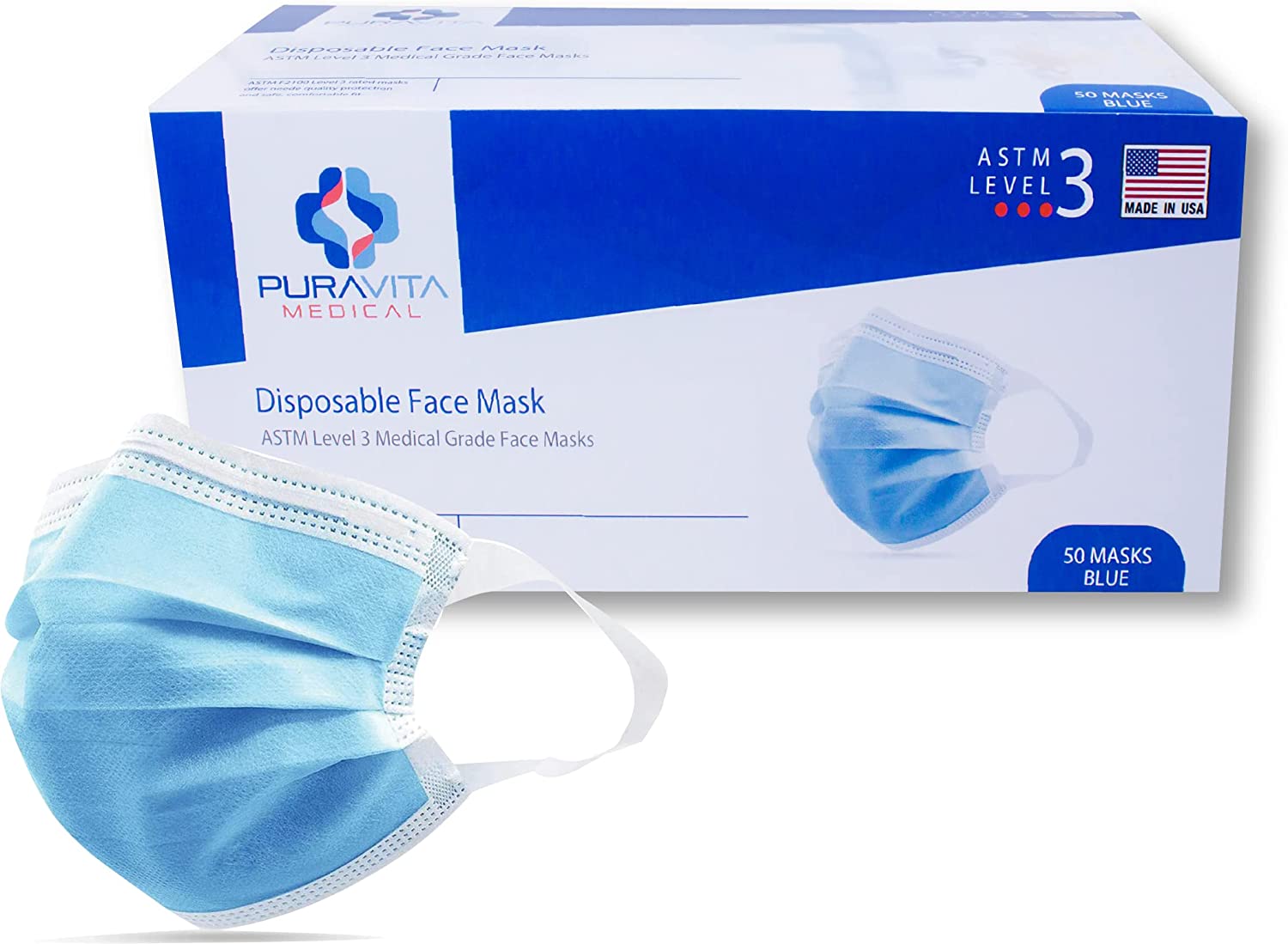 Made in USA - ASTM Level 3 Face Mask - 3 Ply Ultra Soft Earloop 50 Count, PuraVita - Filter Efficiency ≥ 98%
