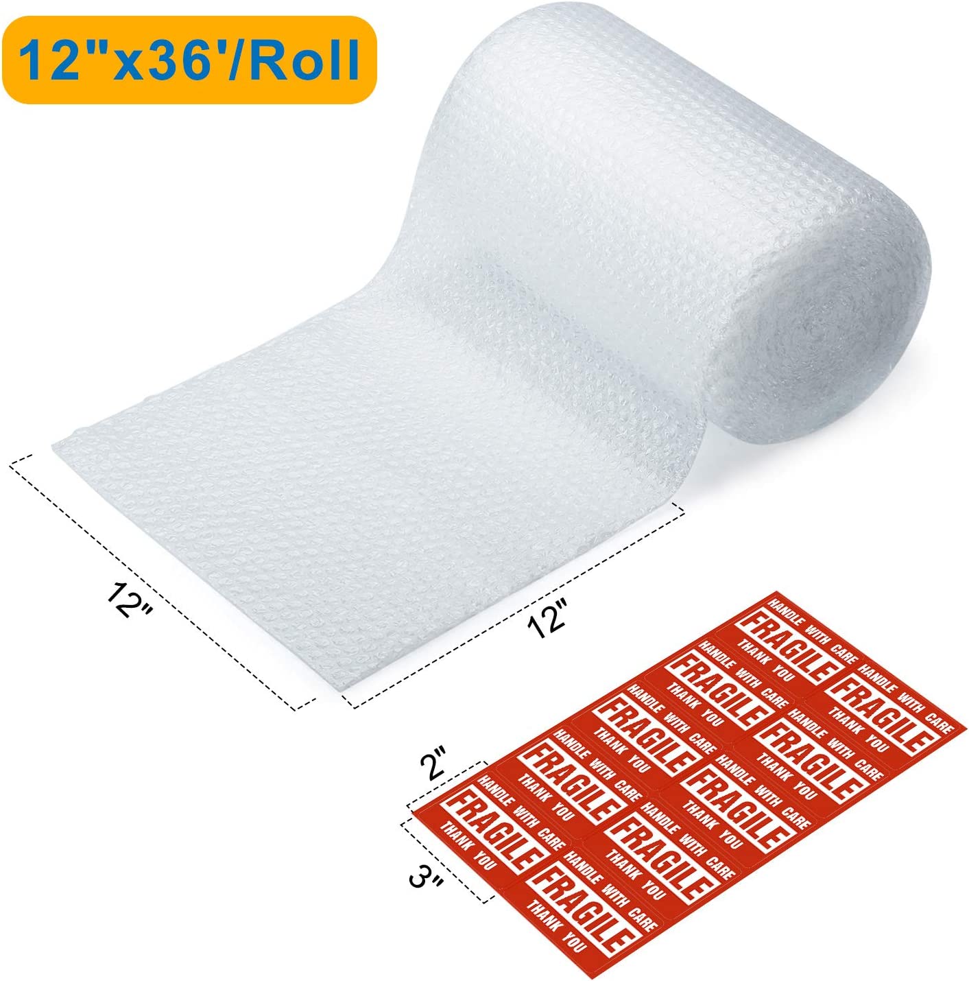 2-Pack Bubble Cushion Wrap Roll, Fuxury 12 Inch x 72 Feet Total Air Bubble Cushioning Wrap, Perforated Every 12", Included 20 Fragile Sticker Labels for Packaging Moving Shipping Boxes Supplies