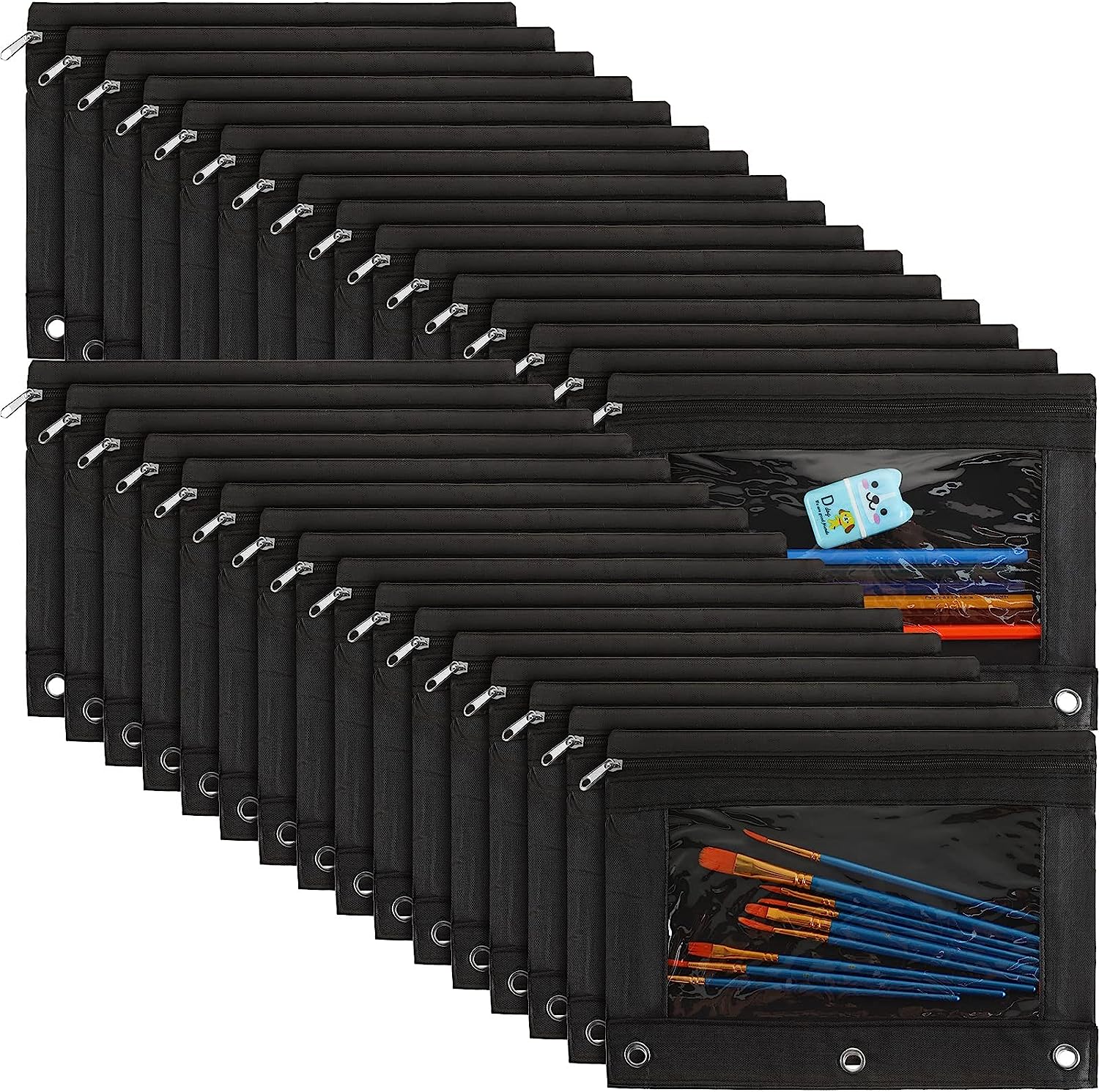 Marspark 30 Packs Pencil Pouch 3 Ring Binder Pen Pouch Cloth Pencil Pouches Zipper Pencil Case Bag with Clear Window for School Office Writing Supplies