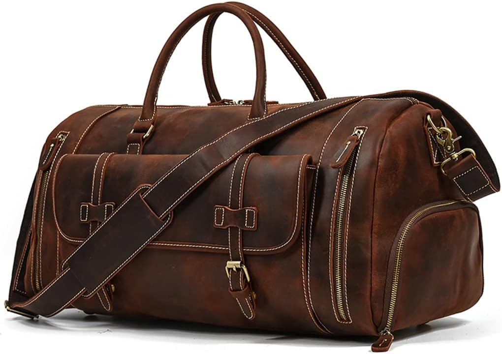 ZLXDP Leather Men's Travel Bag with Shoe Pocket 20 Inch Big Capacity Vintage Leather Weekend Messenger Bag