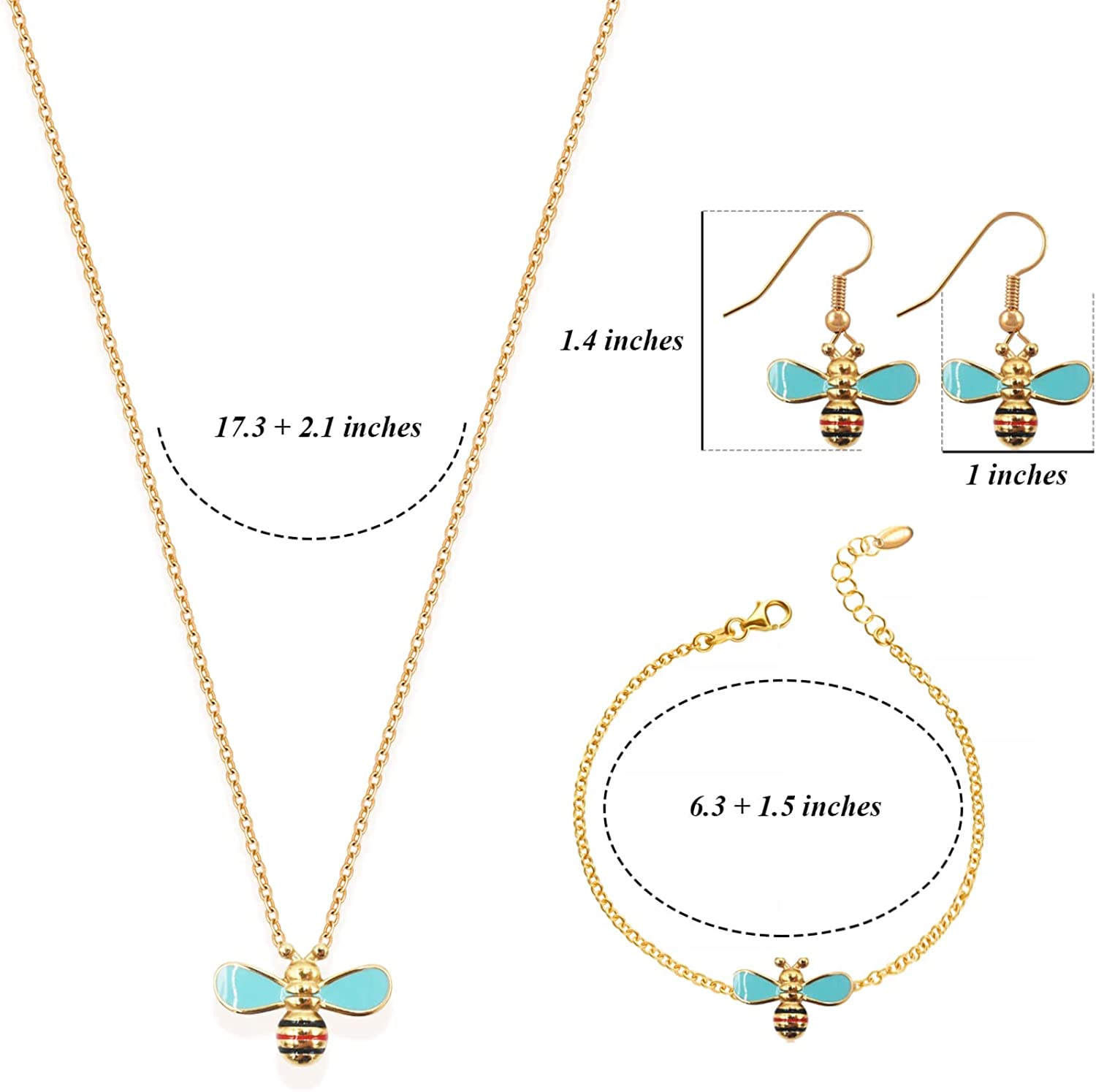 SJMUITSI Honeybee Jewelry Set, 18K Gold Necklace Bracelet Dangle Earrings for Women Girls, Allergy Free Prom Costume Party Dating Jewelry (3 piece set - 2 earrings a bracelet and 1 necklace)