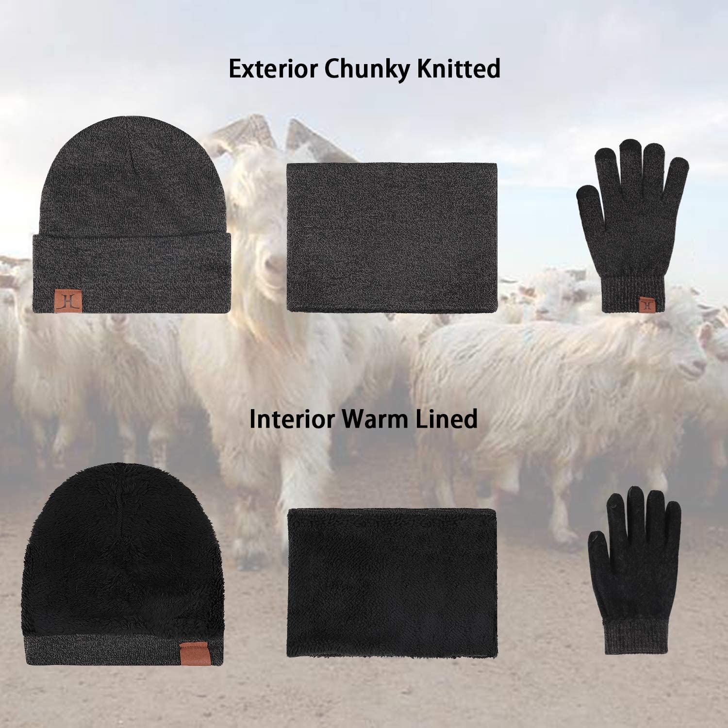 Winter Beanie Hat Scarf Touchscreen Gloves Set for Men and Women, Beanie Gloves Neck Warmer Set with Warm Knit Fleece Lined