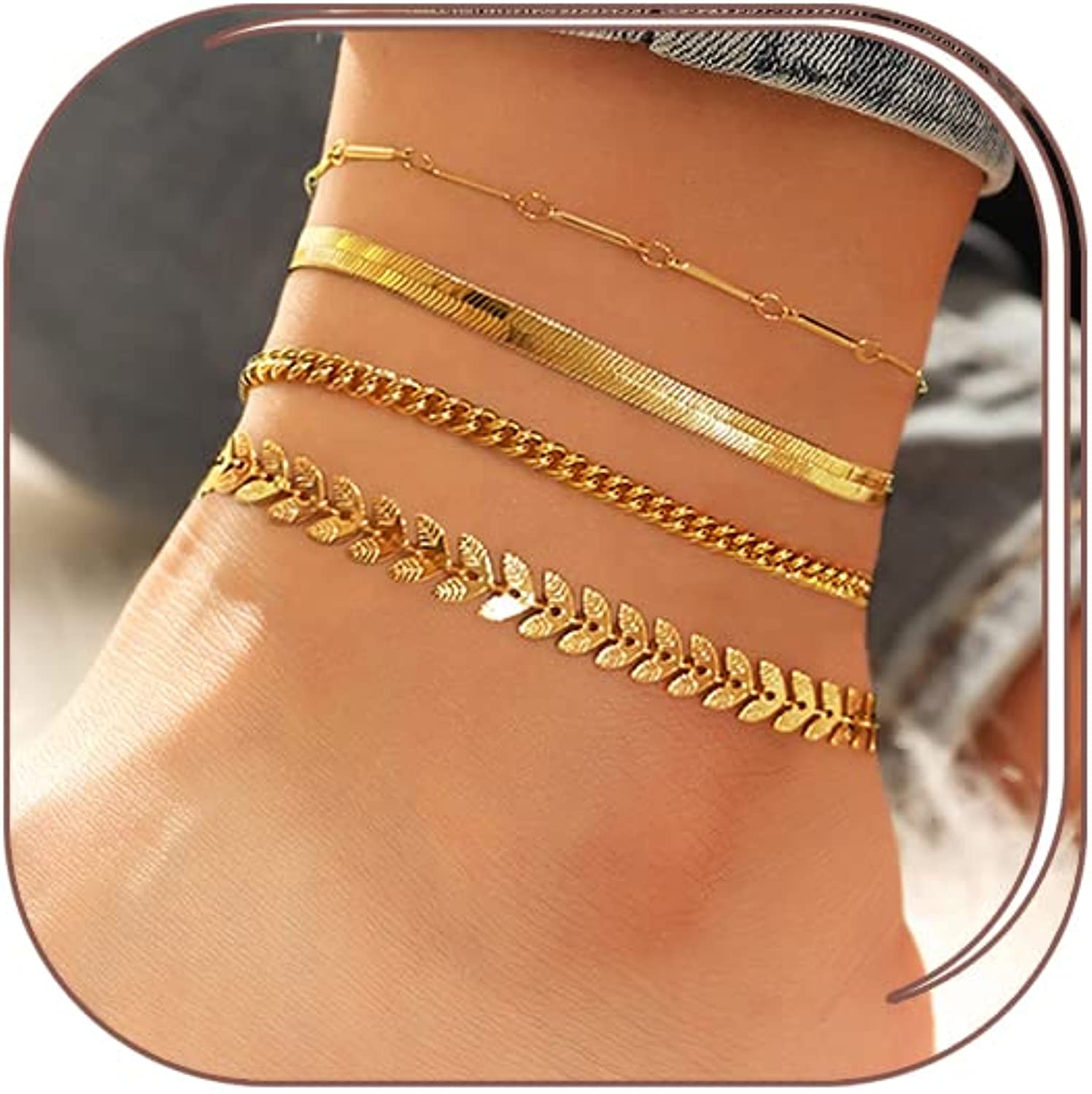 Luxval Gold Ankle Bracelets for Women, 14K Gold Anklets for Women Waterproof Herringbone Snake Chain Cuban Dainty Link Anklets Set Layered Anklet Bracelets for Women Anklet for Women Gold Jewelry Gift