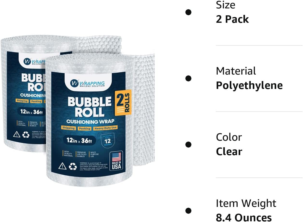 Air Bubble Cushioning Roll Wrap 12-Inches X 36-Feet Perforated Every 12-Inch For Shipping -For Packing and Moving Boxes Heavy Duty, Made In USA-High Quality