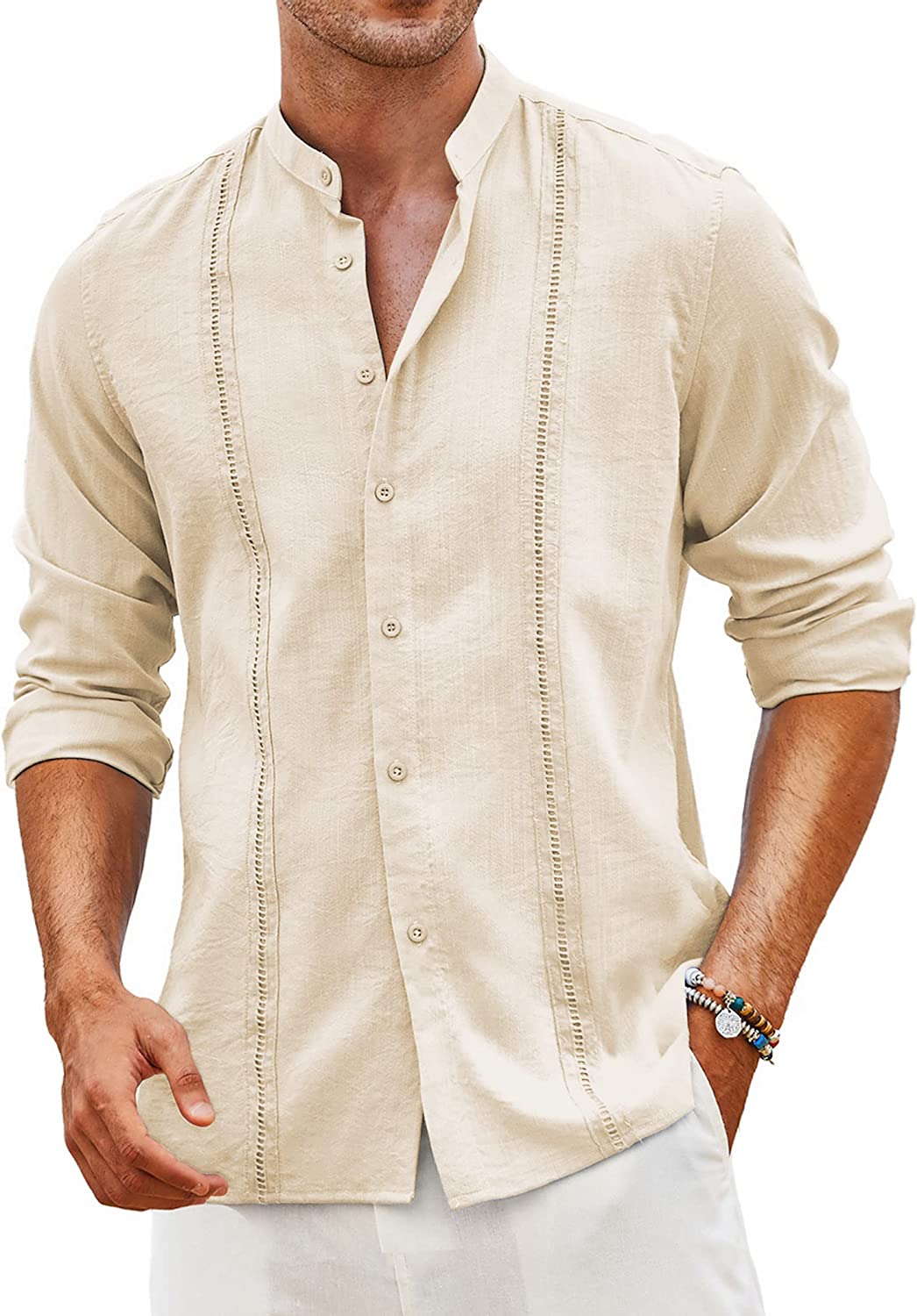 COOFANDY Men's Cuban Guayabera Shirts Linen Casual Long Sleeve Button Down Shirt Band Collar Summer Beach Tops