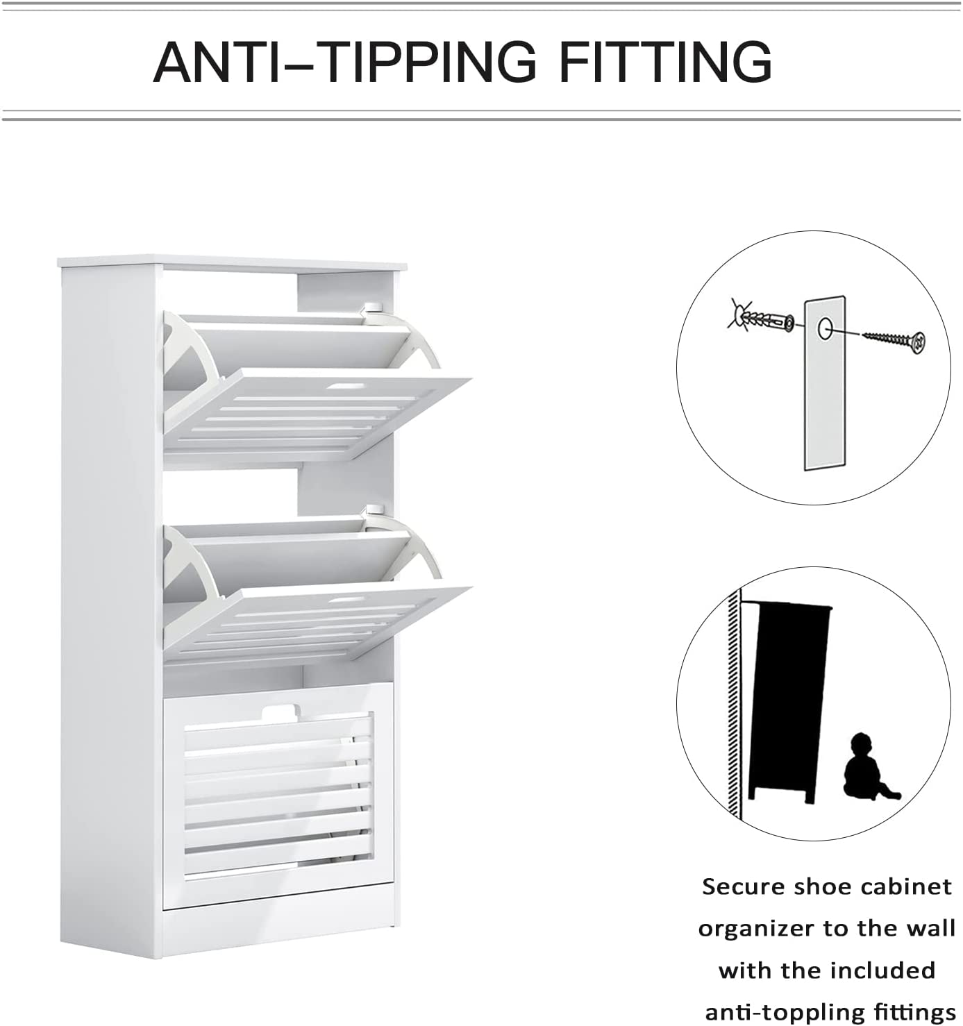 Sweiko Narrow Shoe Cabinet with 3 Flip Drawers Freestanding Shoe Cabinet Organizer with Hidden Handle Wooden Shoe Rack Storage Cabinet for Entryway Hallway Bedroom Living Room White