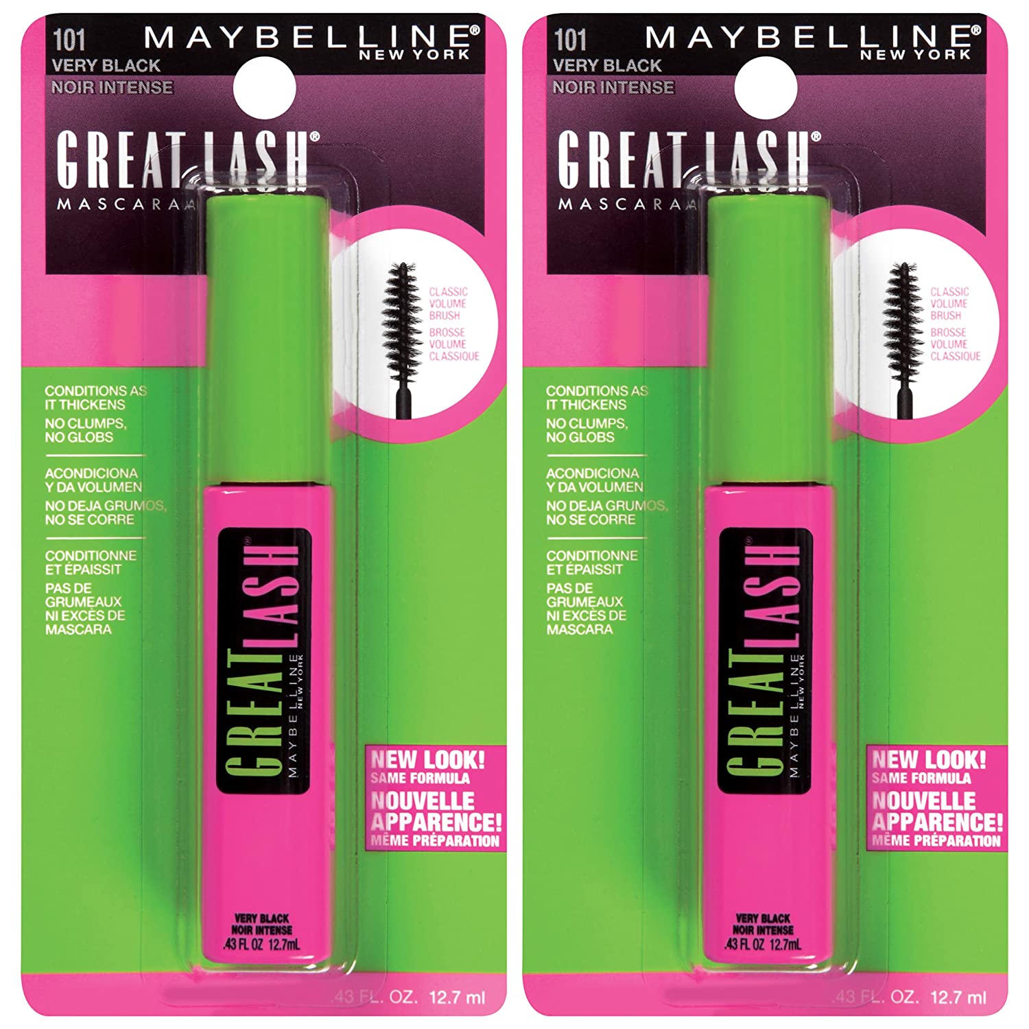 Maybelline Great Lash Washable Mascara Makeup, Volumizing Lash-Doubling Formula That Conditions As It Thickens, Very Black, 2 Count