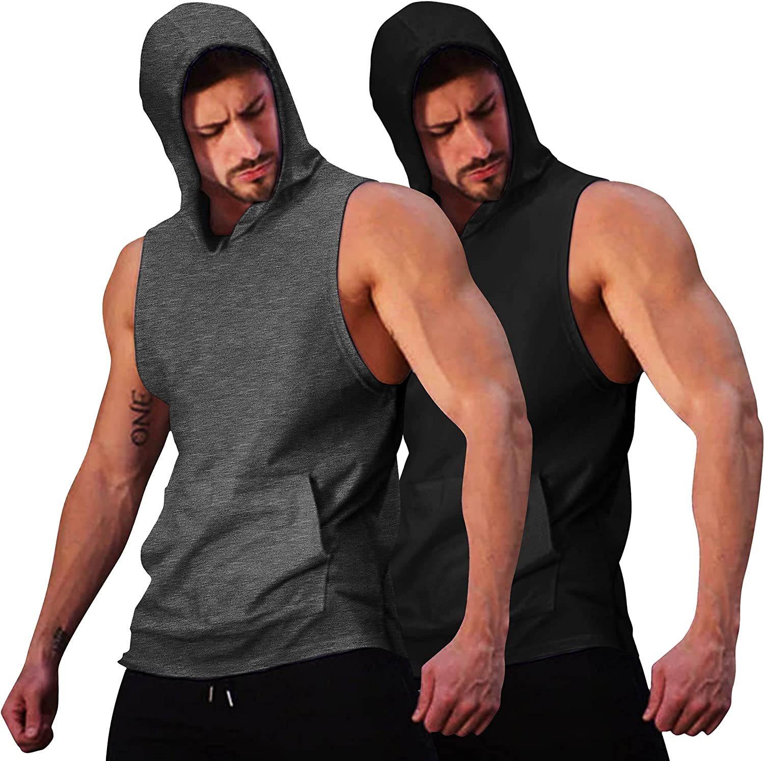 COOFANDY Men's 2 Pack Workout Hooded Tank Tops Bodybuilding Muscle Cut Off T Shirt Sleeveless Gym Hoodies