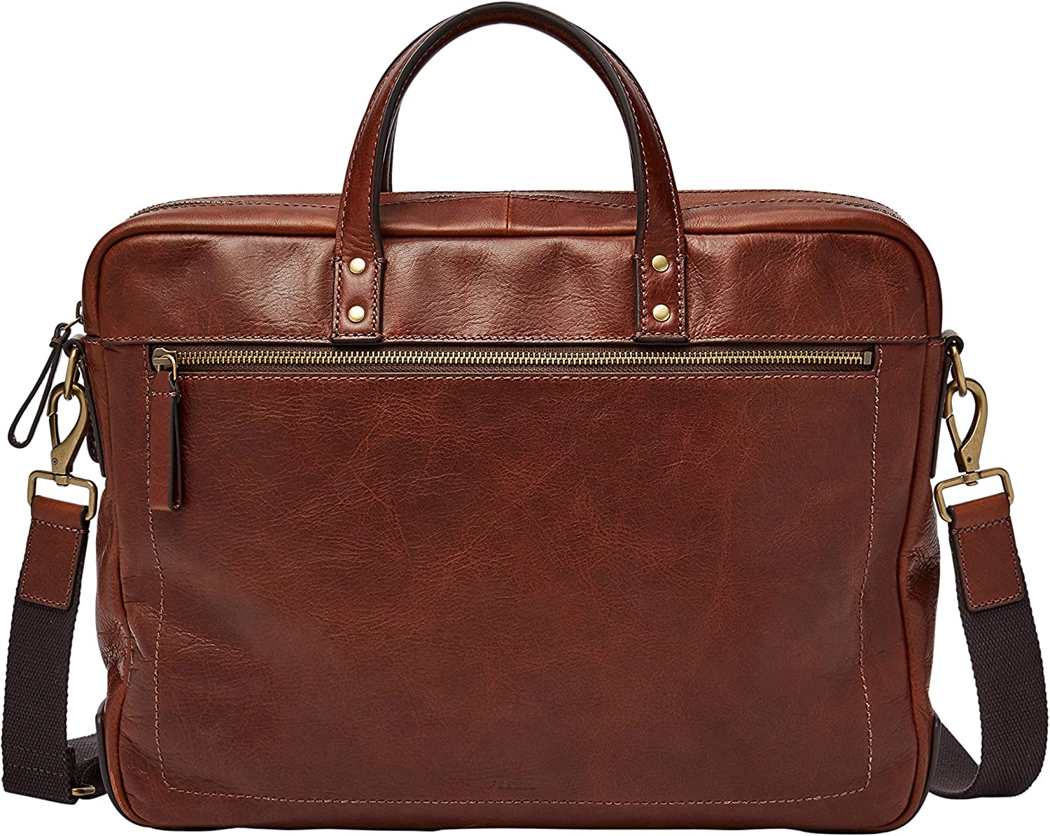 Fossil Men's Haskell Leather Double Zip Briefcase Messenger Laptop Bag, Cognac , (Model: MBG9342222)
