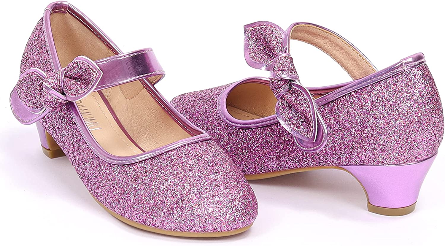 ADAMUMU Girls Dress Shoes Princess High Heel Mary Jane Glitter Shoes in Wedding Party for Toddler Little Big Girl with Bowknot Flower Velcro