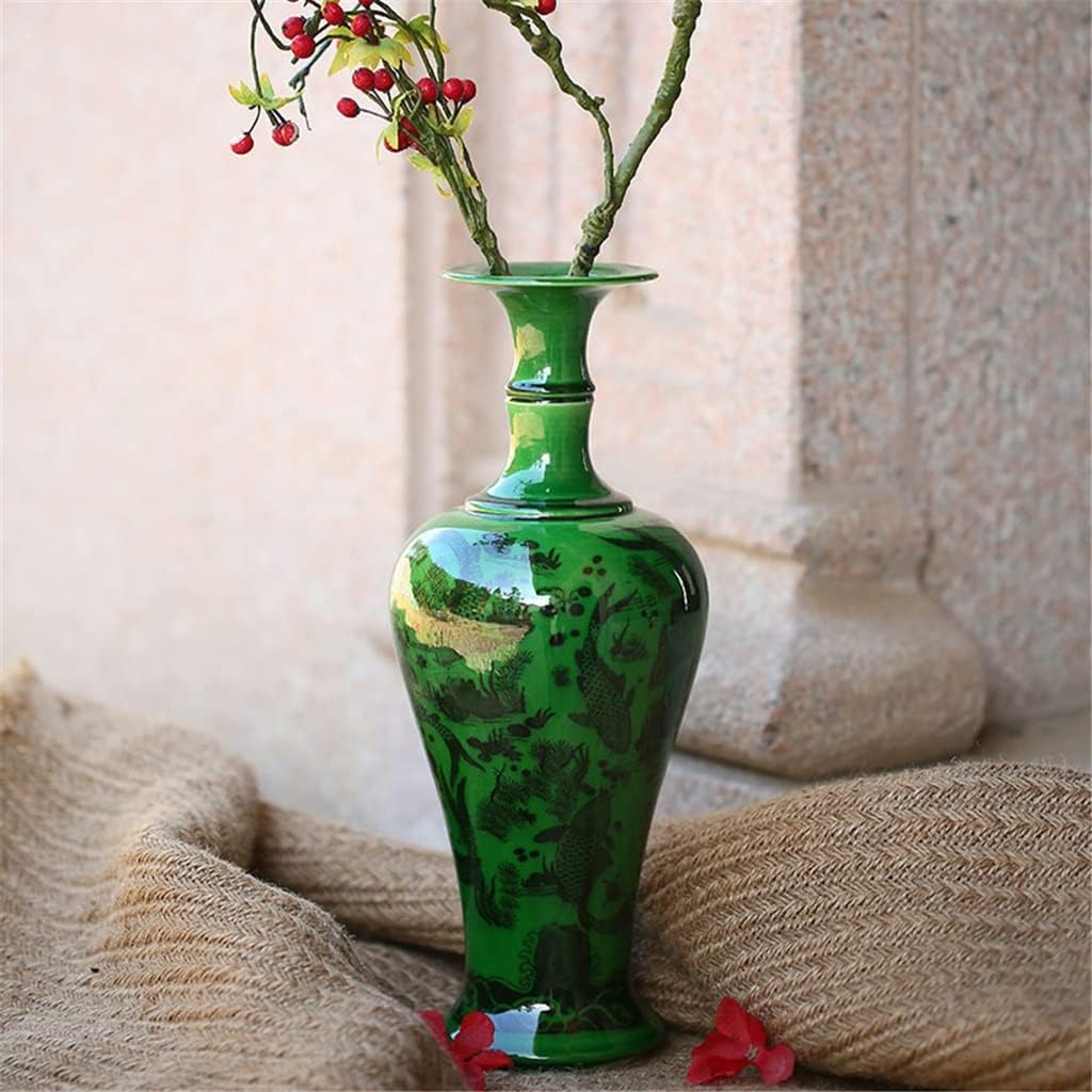 ZSEDP Antique Green Glaze Ceramic Vase Flower Vase Handmade Furnishing Articles Sitting Room Bedroom Decoration