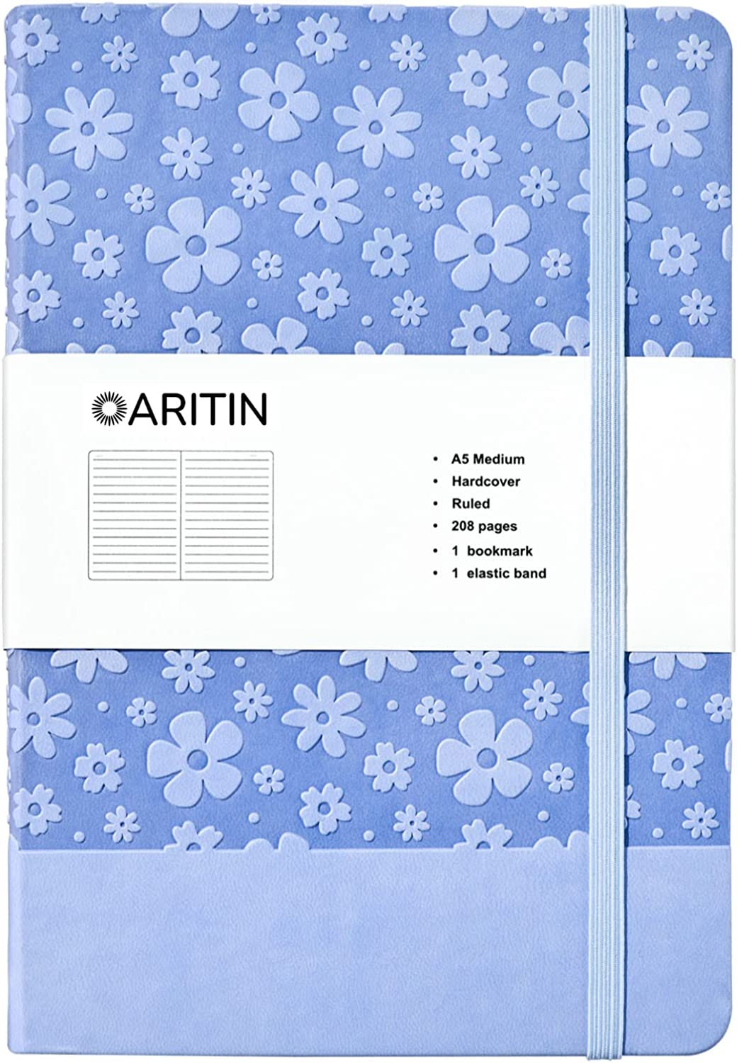 ARITIN Journal for Women-Journal Notebook Hardcover 208 Pages Lined, PU Leather Notebook Embossed Flowers, 5.7 X 8.4 in, 100gsm A grade Paper, Light Blue