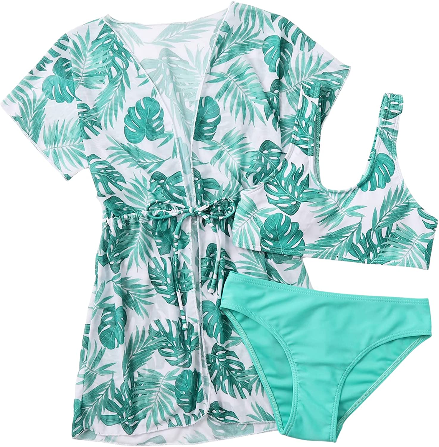 SOLY HUX Girl's Tropical Print Bikini Bathing Suit with Kimono 3 Piece Swimsuits