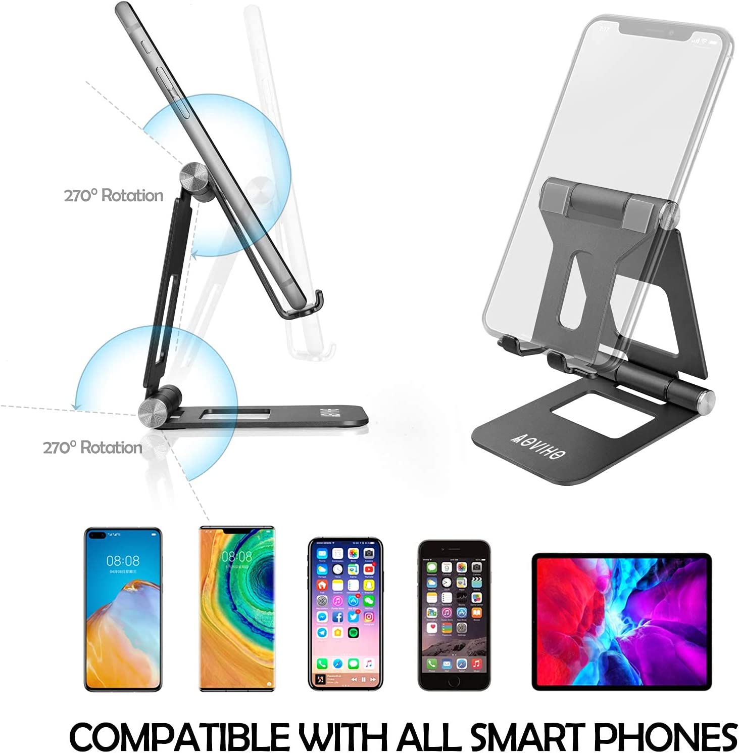 Aoviho Adjustable Cell Phone Stand Holder Fully Portable Phone Holder - Small Aluminum Desktop Stand for iPhone 12 Pro Mini 11 X XR XS Max 8 7 6 Plus (Black)