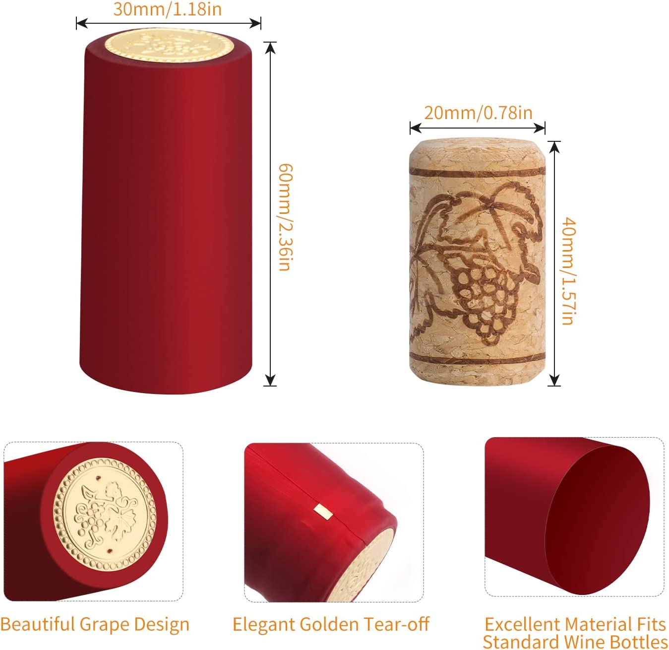Wine Bottle Cork Stopper with Black Plastic Top, Gold, Red and Black PVC Heat Shrink Capsules, T-Shape Wine Corks and Wine Bottle Seals Shrink Caps for Wine Beer Bottles DIY Craft