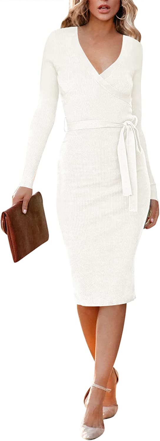 Cutiefox Women's Elegant Wrap Knit Dress V Neck Long Sleeve Knee Length Cocktail Sweater Dresses with Belted