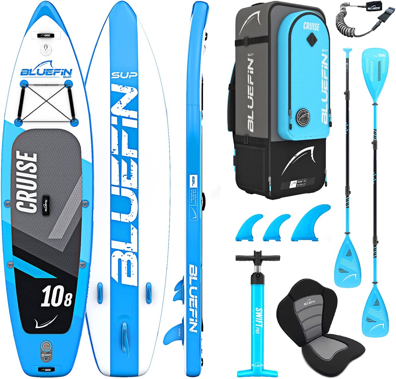 Bluefin Cruise SUP Package | Stand Up Inflatable Paddle Board | 6” Thick | Fibreglass Paddle | Kayak Conversion Kit | All Accessories | 5 Year Warranty | Multiple Sizes: Kids, 10’8, 12’, 15’