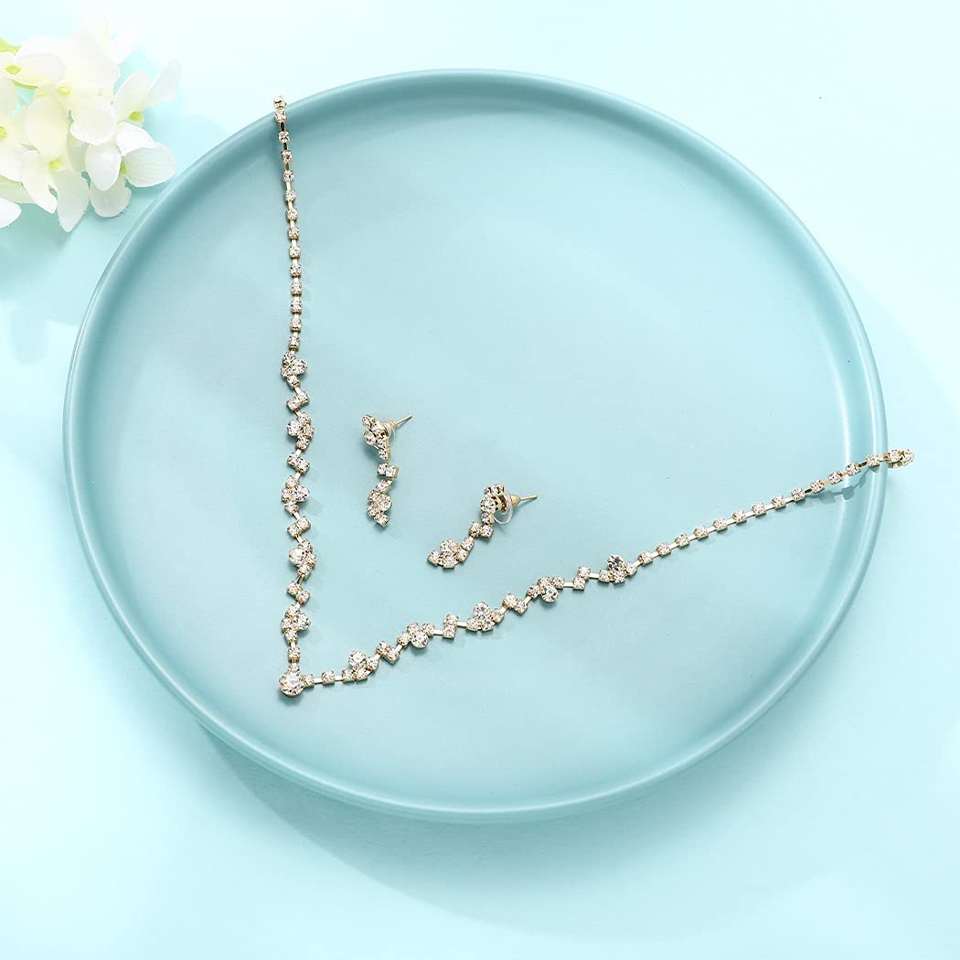 Yean Bride Silver Bridal Necklace Earrings Set Crystal Wedding Jewelry Set Rhinestone Choker Necklace for Women and Girls