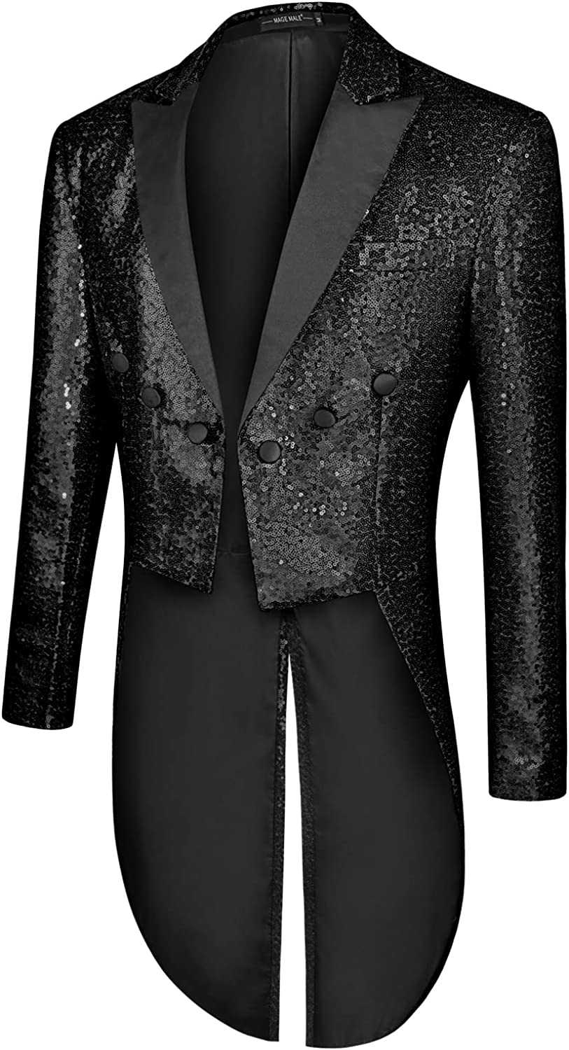 MAGE MALE Mens Sequin Tuxedo Jacket Tails Slim Fit Tailcoat Dress Coat Swallowtail Dinner Party Wedding Blazer Suit Jacket