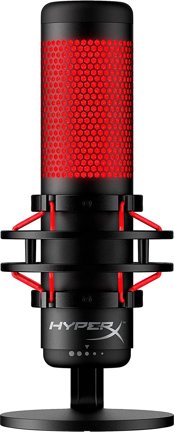 HyperX QuadCast - USB Condenser Gaming Microphone, for PC, PS4, PS5 and Mac, Anti-Vibration Shock Mount, Four Polar Patterns, Pop Filter, Gain Control, Podcasts, Twitch, YouTube, Discord, Red LED