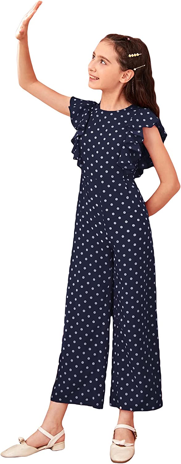 WDIRARA Girl's Polka Dots Ruffle Trim Cap Sleeve Round Neck Wide Leg Jumpsuit