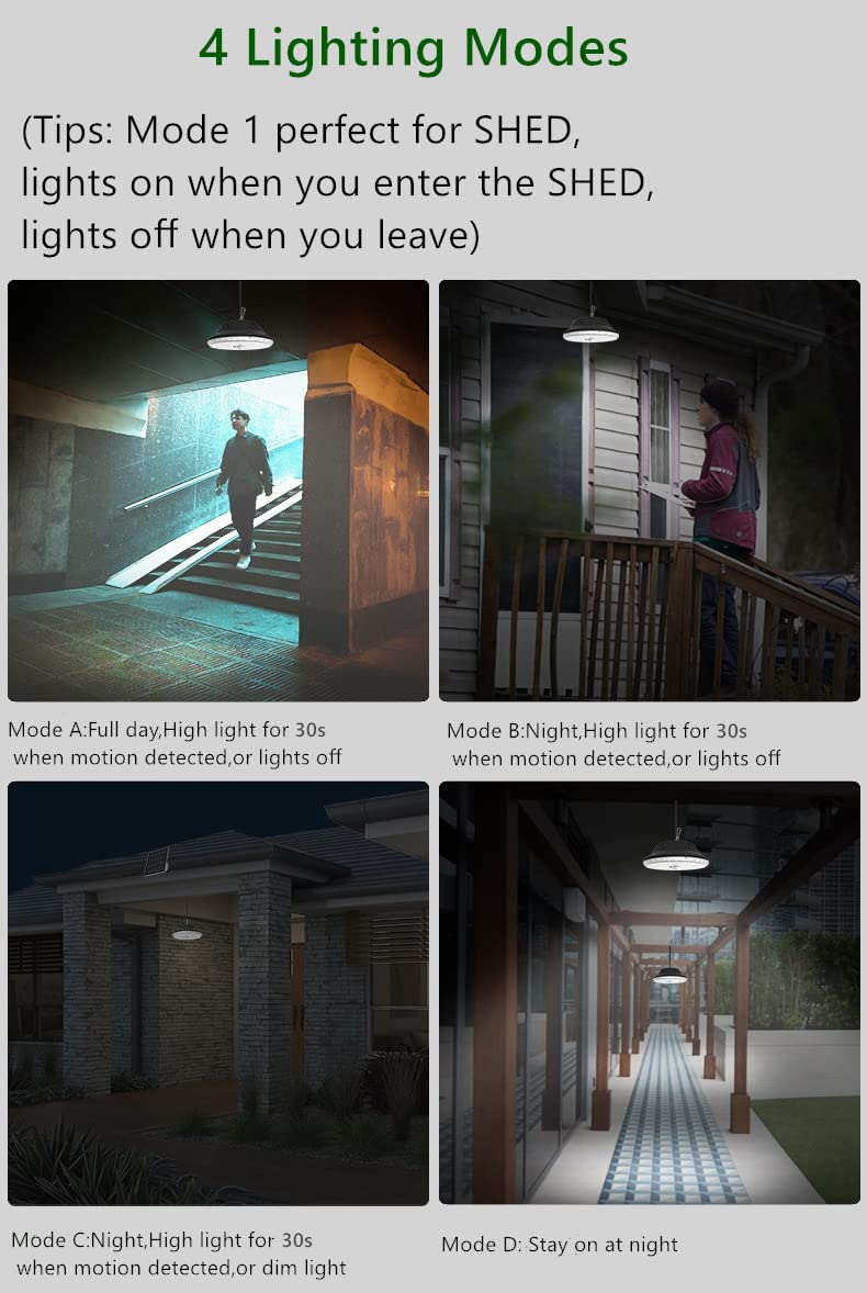 HULPPRE Solar Shed Light Motion Sensor 4 Modes-Daytime Avaialble 120Leds Bright Solar Light Indoor&Outdoor with Remote,IP65 Barn/Chicken Coop/Workshop/Ceiling/Pendant Light for Gazebo,Patio,Yard