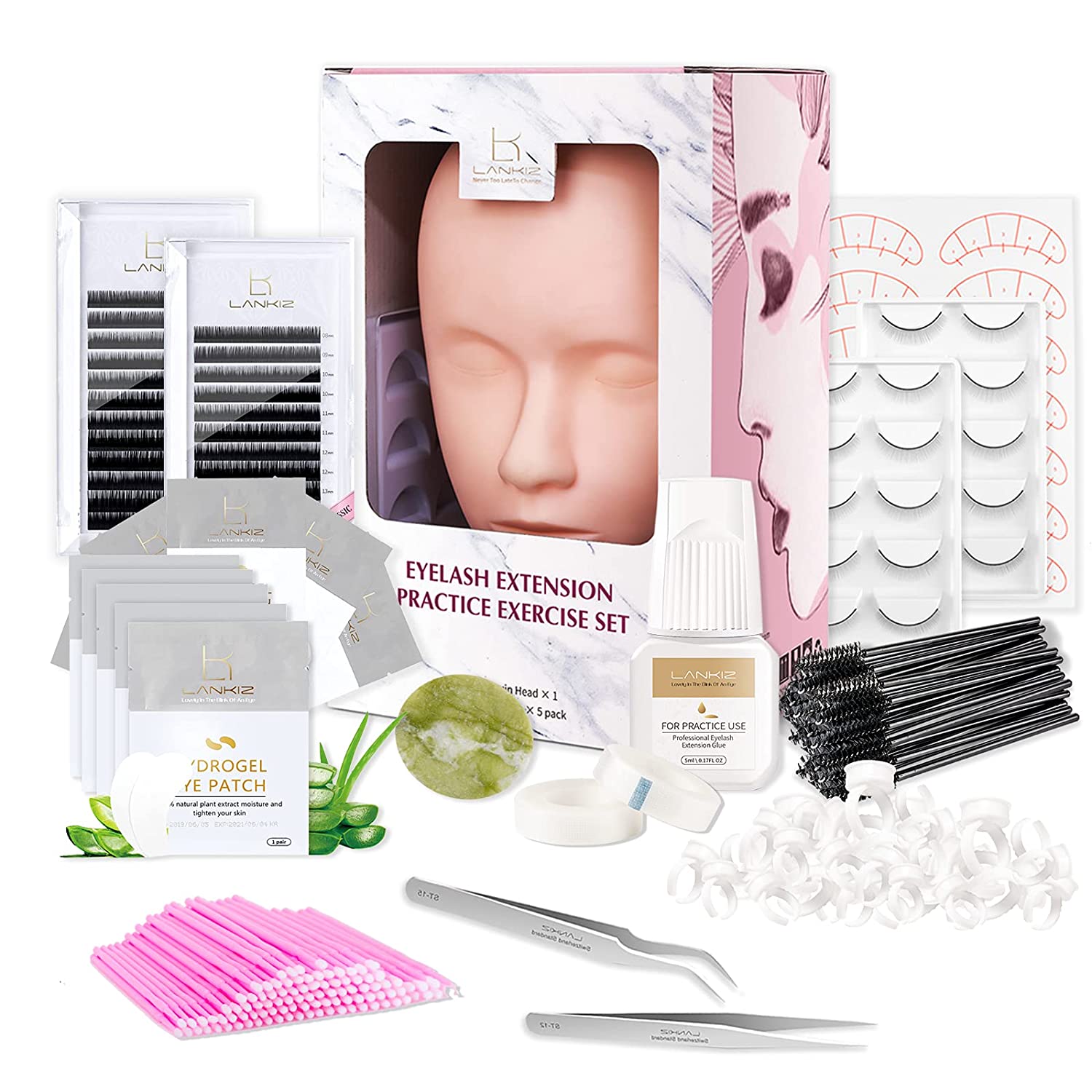 LANKIZ Eyelash Extension Kit, 21PCs Lash Practice Kit, Lash Kit for Eyelash Extensions Beginners, Eyelash Extension Supplies with Lash Mannequin Head for Training Makeup Practice