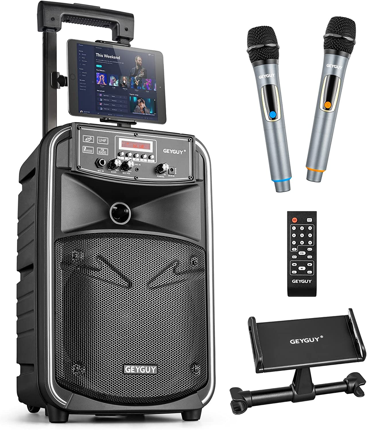 Portable Bluetooth PA System with Wireless UHF Microphone, 8 inch Rechargeable Karaoke Machine,8 inch Subwoofer,FM/LED/TWS/LINE in (GTSK8-2)