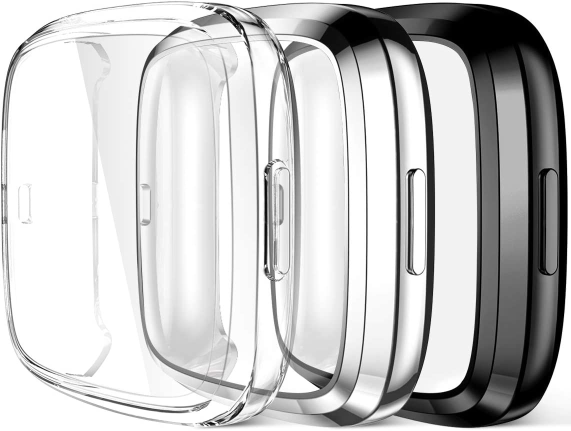 Maledan Screen Protector Case Compatible with Fitbit Versa 2 Smartwatch, 3 Pack Full Protective Case Cover Scratch Resistant Shock Absorbing for Versa 2 Accessories, Clear/Black/Silver