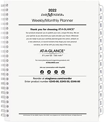 2022 Weekly & Monthly Planner Refill for G545 Line Planners by AT-A-GLANCE, 7" x 8-3/4", Medium, Executive, DayMinder (G54550)