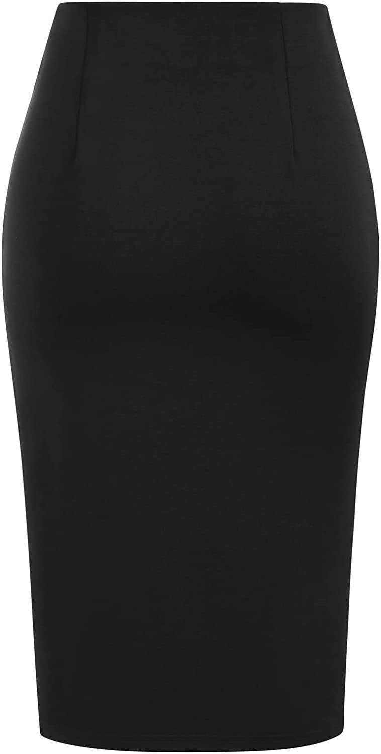 Kate Kasin Women's Skirt Elastic High Waist Bow Tie Knee Length Stretch Bodycon Pencil Skirts with Slit