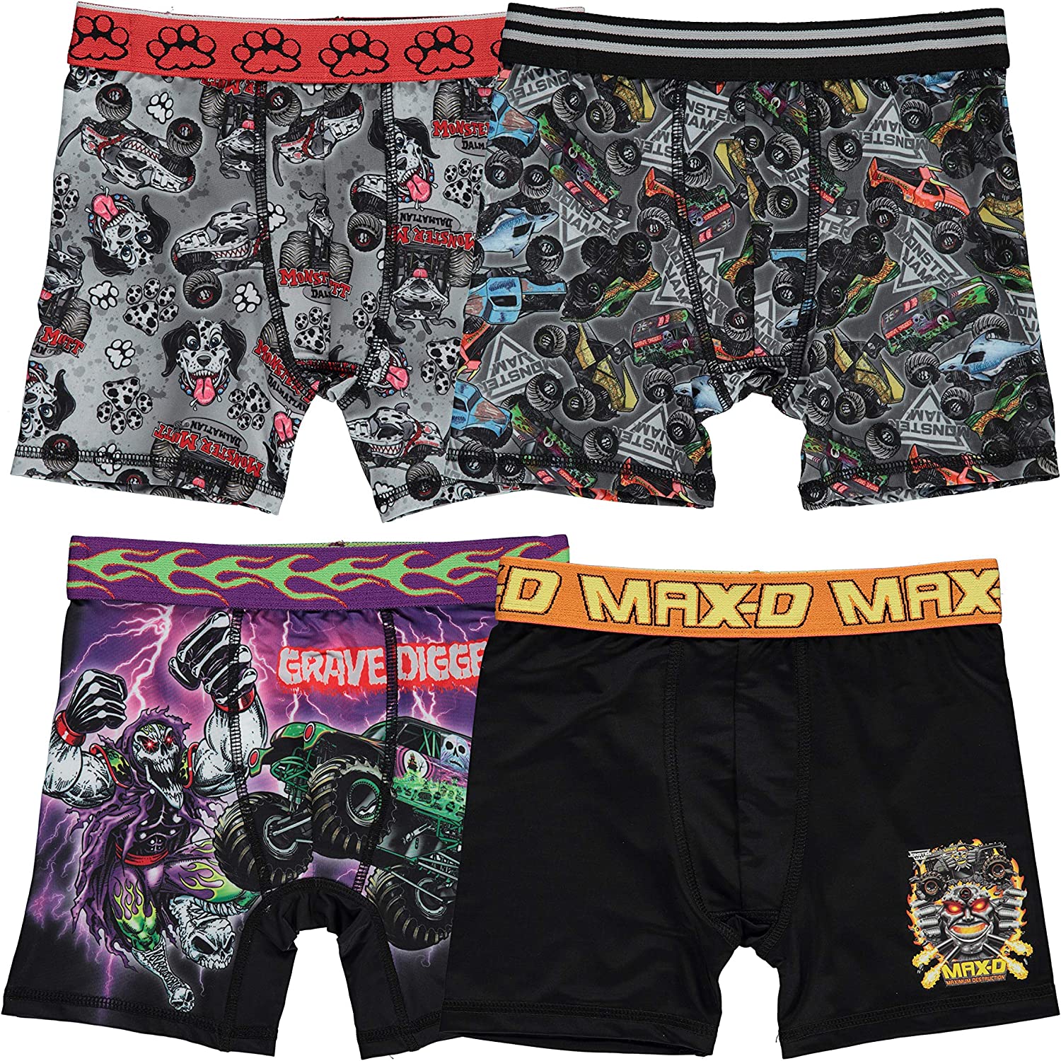 Monster Jam Boys 4pk Athletic Boxer Briefs in Sizes 6, 8, 10 and 12