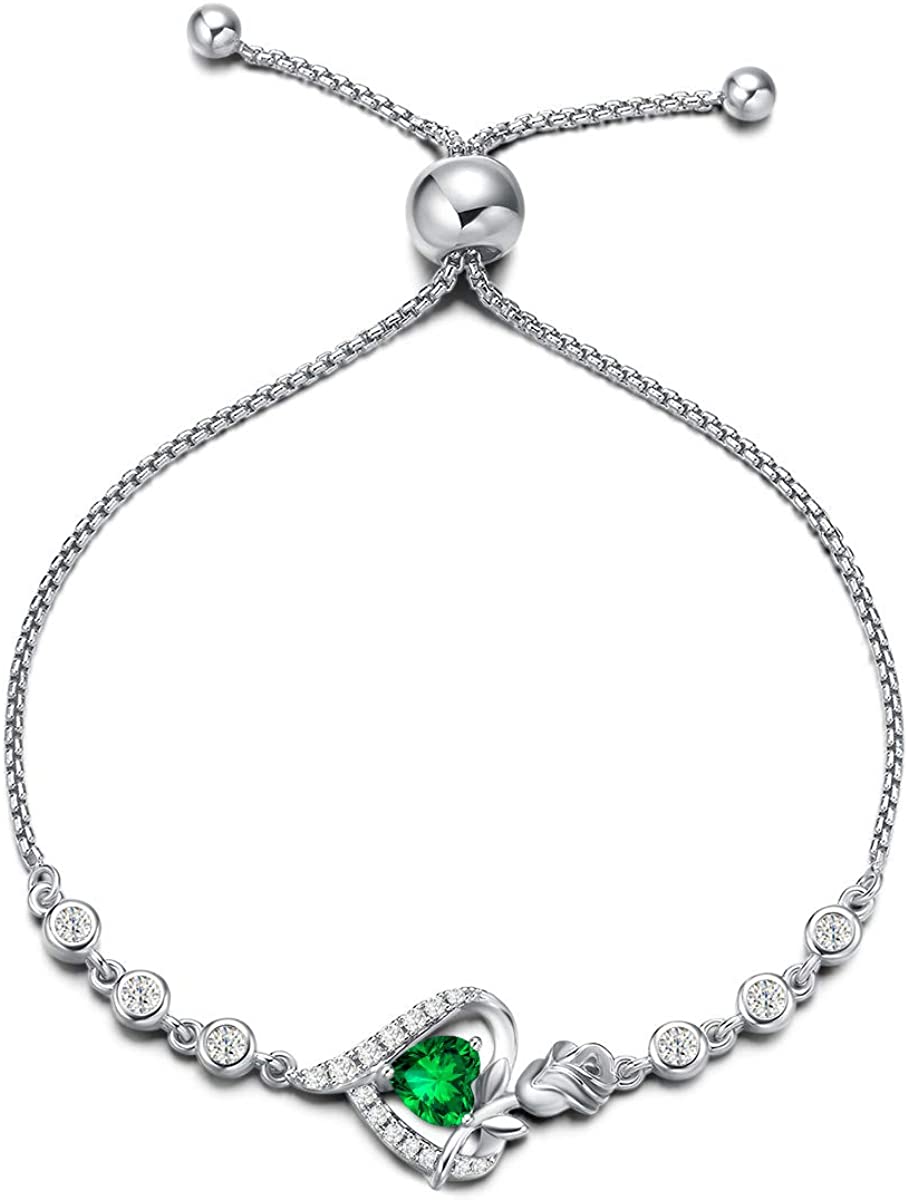 AGVANA Mothers Day Gifts Birthstone Bracelets for Women Sterling Silver Genuine or Created Gemstone Tennis Bracelet Rose Flower Heart Jewelry Anniversary Birthday Gifts for Women Girls Mom Wife Her