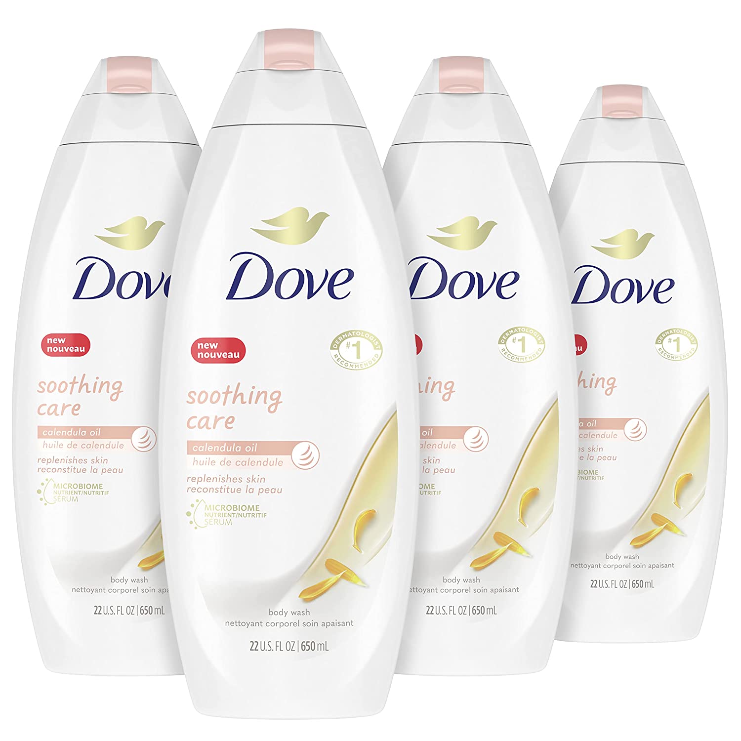 Dove Soothing Care Body Wash for Sensitive Skin with Calendula-Infused Oils Hydrates and Replenishes Skin Sulfate Free, 22 Fl Oz (Pack of 4)