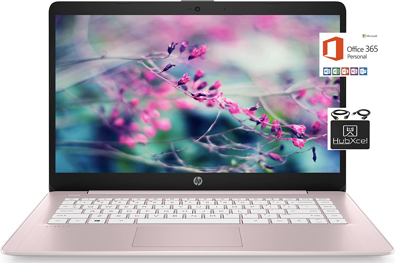 2021 Newest HP 14 inch HD Laptop Computer, Intel Celeron N4000 up to 2.6 GHz, 4GB DDR4, 64GB eMMC Storage, WiFi , Webcam, HDMI, Bluetooth, 1 Year Microsoft 365,Windows 10 S, Rose Pink + Hubxcel Cables
