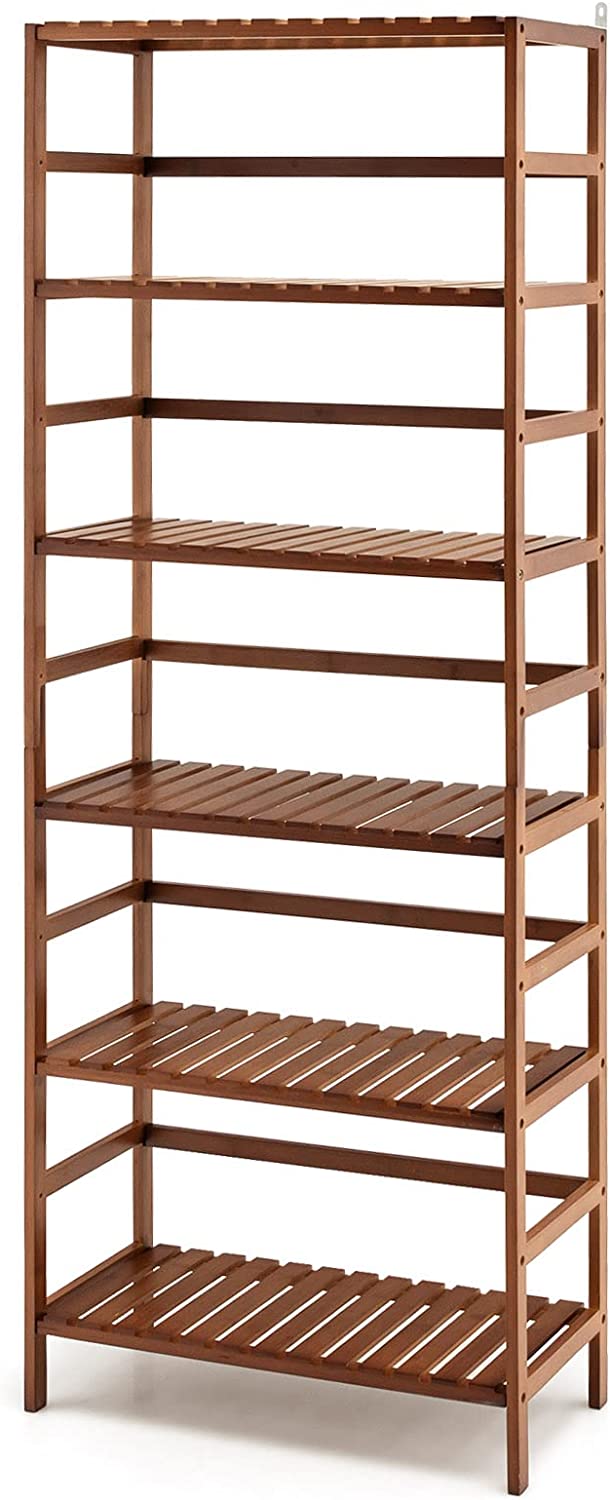 Giantex 6-Tier Bamboo Bookshelf， 63&#39;&#39; Tall Freesrtanding Storage Display Shelf with Adjustable Shelves， Easy Assembly Multipurpose Bookcase Shelf Rack for Living Room， Kitchen， Plants， Brown