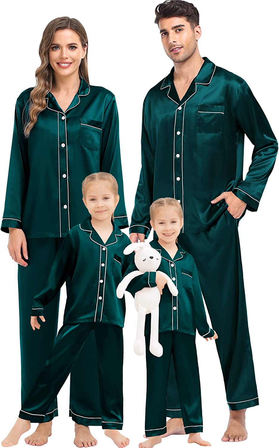 SWOMOG Family Matching Silk Satin Pajamas Button Down Sleepwear Long Sleeve Silky Nightwear 2 Pcs Pj Set