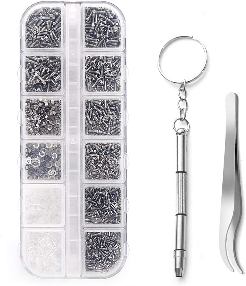 Sunglasses Eyeglasses Repair Kit， 1100PCS Tiny Stainless Steel Screws and 5 Pairs Nose Pads with Micro Screwdriver Tweezer for Watch Clock Spectacle Eyewear Repair