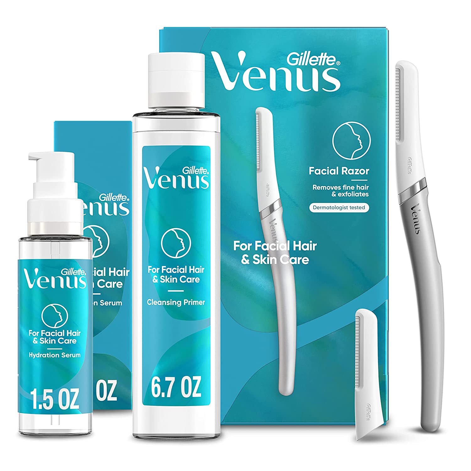 Gillette Venus Facial Razor, Exfoliating Dermaplaning Tool for Face with 2 Blade Refills with Facial Hair & Skin Care Cleansing Primer for Dermaplane Prep and Facial Hydration Serum