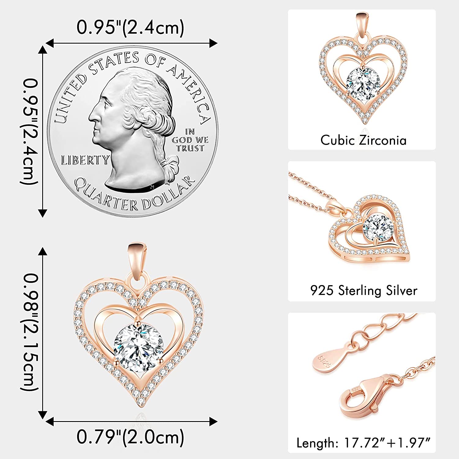 capirosa Forever Love Heart Birthstone Necklaces for Women 925 Sterling Silver Rose Gold Pendant Diamond Jewelry Valentine&#39;s Day Christmas Anniversary Birthday Gifts for Wife Girlfriend Mother