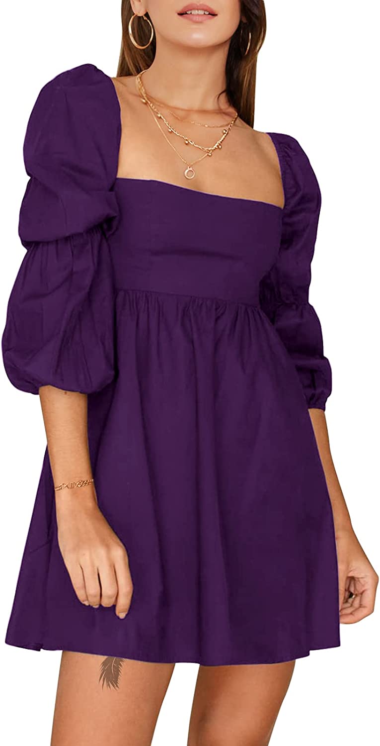 EXLURA Womens Square Neck Dress Long Puff Sleeve A-Line Casual Short Mini Dress