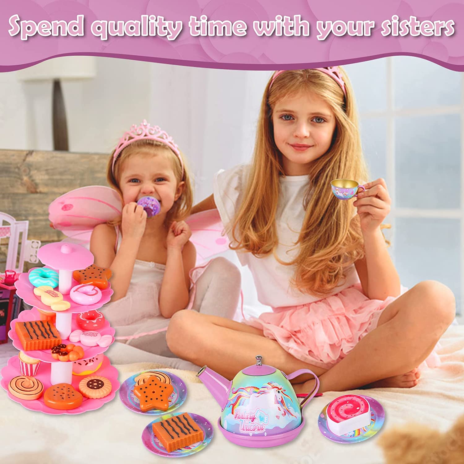 MJartoria Unicorn Tea Party Set for Little Girls Kids Pretend Tin Teapot Set with Carrying Case for Tea Party Princess Tea Time Kitchen Pretend Play Toys Unicorn Gift for Girls